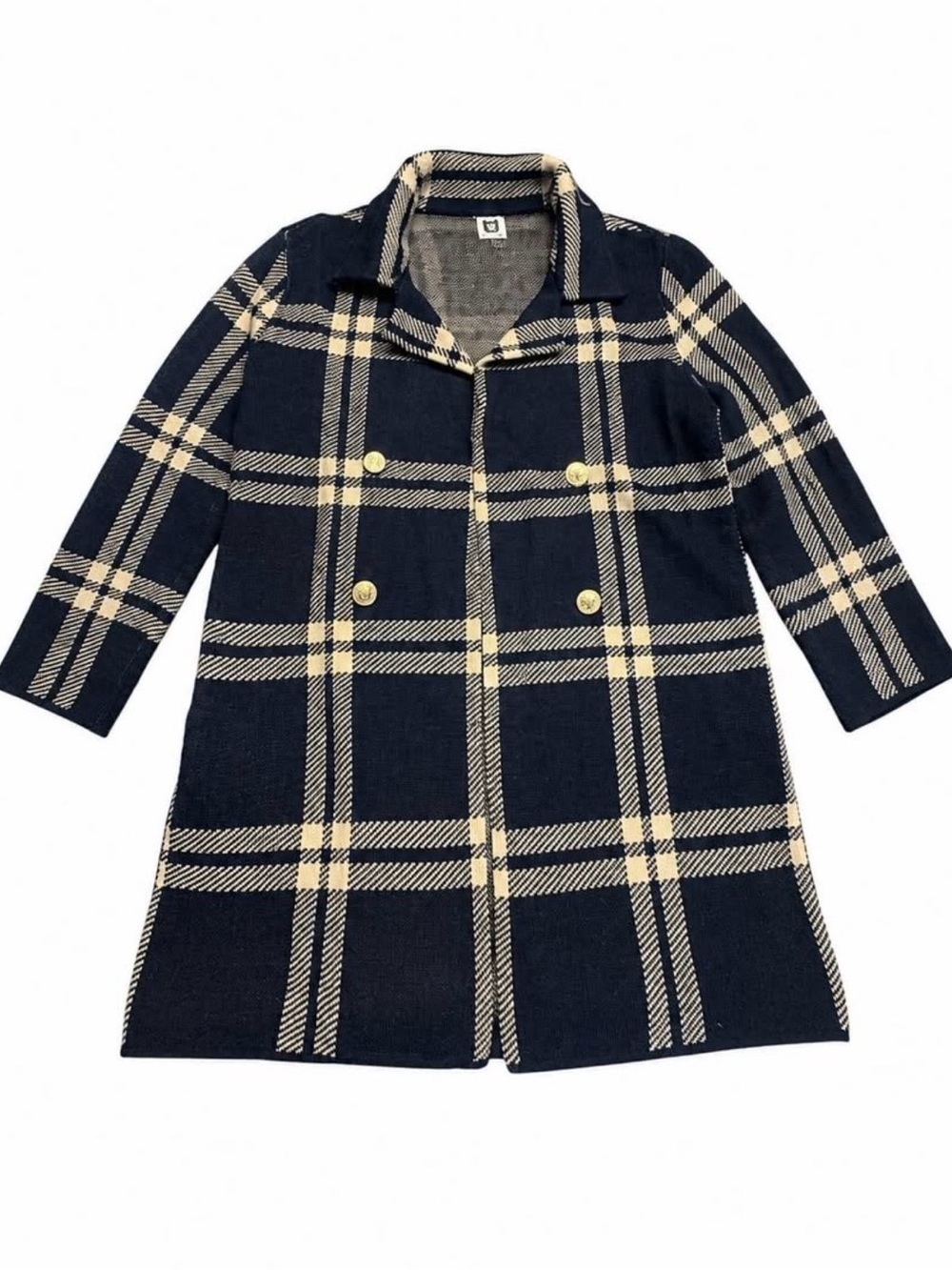 Woman 3/4 sleeve Anne Klein Navy & Cream Plaid Double-Breasted Peacoat